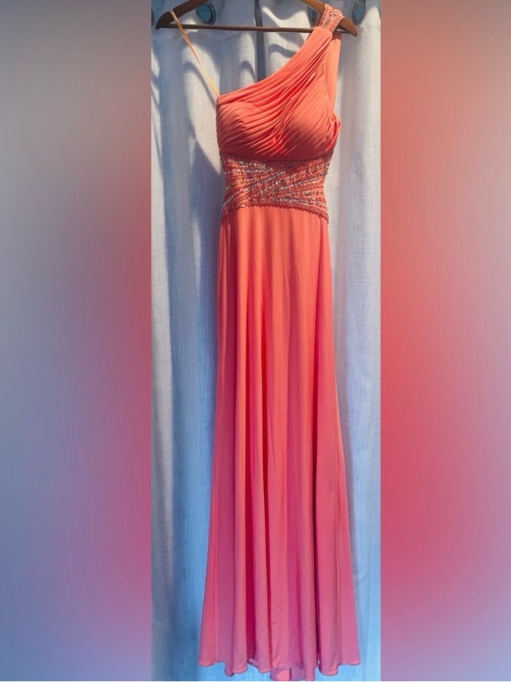 Elegant one shoulder Caché Prom dress in coral with beaded waist!!
